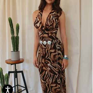 Miss Lola Backless Halter Maxi Dress in Brown and Black Animal Print
